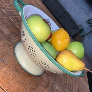 Vintage colander strainer with fake fruit